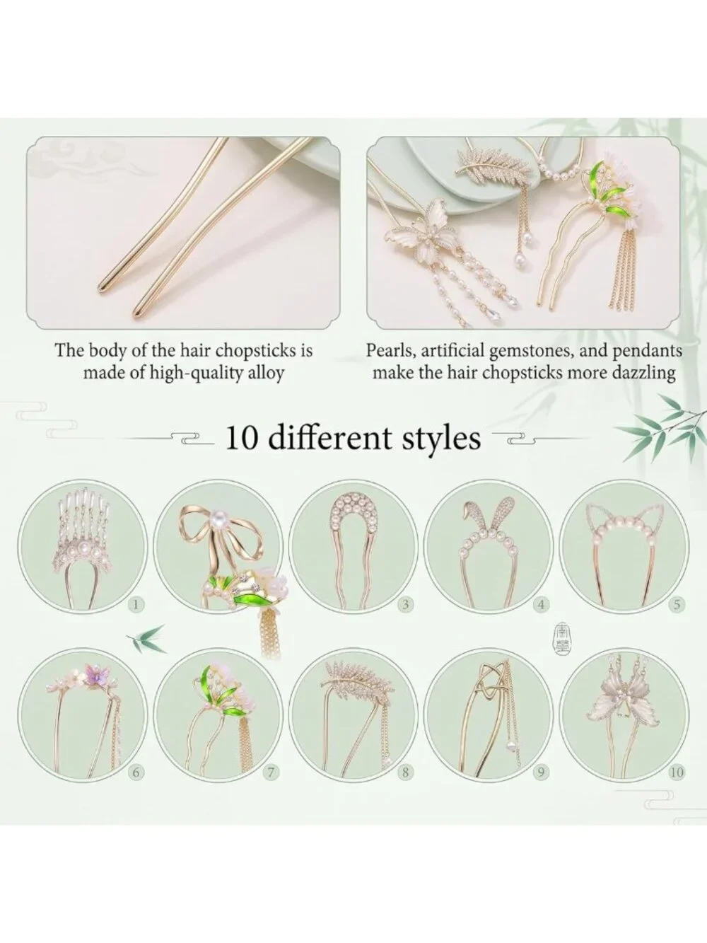 10 Retro Flower Butterfly Gold Hair Fork Pins with Pearl Tassels - Decorative